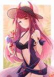  1girl bare_shoulders black_headwear bracelet closed_mouth cocktail_glass cup drink drinking_glass fire_emblem fire_emblem_engage fire_emblem_heroes flower hat highres holding ivy_(fire_emblem) ivy_(summer)_(fire_emblem) jewelry long_hair looking_at_viewer mole mole_under_mouth navel purple_eyes purple_hair solo swimsuit yutohiroya 