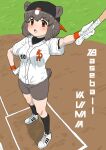  1girl absurdres alternate_costume animal_ears backwards_hat baseball_bat baseball_cap baseball_jersey bear_ears bear_girl bear_tail bike_shorts black_socks black_undershirt blush brown_bear_(kemono_friends) brown_eyes brown_hair brown_shorts extra_ears hat highres kemono_friends kumasyan1998 multicolored_hair shirt shoes short_hair short_sleeves shorts sneakers socks solo tail translation_request two-tone_hair white_footwear white_hair white_shirt 