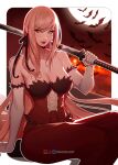  1girl arm_support bare_shoulders bat_(animal) black_ribbon blonde_hair border breasts cleavage closed_mouth collarbone commentary dress elbow_gloves english_commentary feather-trimmed_gloves full_moon gloves hair_ribbon highres holding holding_sword holding_weapon inhoso instagram_logo katana kiss-shot_acerola-orion_heart-under-blade kizumonogatari kokorowatari large_breasts lipstick long_hair looking_at_viewer makeup monogatari_(series) moon oshino_shinobu outside_border over_shoulder patreon_logo pointy_ears red_dress red_lips ribbon simple_background sitting smile solo strapless strapless_dress swept_bangs sword twitter_logo very_long_hair weapon weapon_over_shoulder white_border white_gloves yellow_eyes 