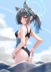  1girl animal_ear_fluff animal_ears ass backless_swimsuit bare_arms bare_shoulders black_one-piece_swimsuit blue_archive blue_eyes blue_hair blue_sky blurry blurry_background blush breasts cloud commentary_request day depth_of_field extra_ears from_side gradient_hair grey_hair hair_between_eyes hair_ornament halo highres iseshi looking_at_viewer looking_to_the_side multicolored_hair official_alternate_costume one-piece_swimsuit outdoors parted_lips ponytail shiroko_(blue_archive) shiroko_(swimsuit)_(blue_archive) sideboob sky solo standing sweat swimsuit water waves wolf_ears 