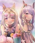  2girls absurdres animal_ears arm_tattoo black_one-piece_swimsuit blush bracelet closed_mouth commentary_request drink ear_ornament eyewear_on_head gold_ship_(run_revolt_launcher)_(umamusume) gold_ship_(umamusume) grin highres horse_ears horse_girl jewelry long_hair mejiro_mcqueen_(ripple_fairlady)_(umamusume) mejiro_mcqueen_(umamusume) multiple_girls necklace official_alternate_costume official_alternate_hairstyle one-piece_swimsuit outdoors purple_eyes purple_hair ricke_2002 scrunchie smile sunglasses super_smashing_summer_vacation_(umamusume) swimsuit tattoo teeth umamusume wrist_scrunchie 