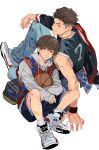 2boys aged_down bag ball bandaid bandaid_on_cheek bandaid_on_face bandaid_on_forehead bandaid_on_leg basketball_(object) basketball_jersey bishounen blue_shorts brothers brown_eyes brown_hair clothes_around_waist denim duffel_bag full_body grey_hoodie gyou_chin highres holding holding_ball hood hoodie jacket jacket_partially_removed jeans layered_sleeves looking_at_viewer male_focus miyagi_ryouta miyagi_sota multiple_boys off_shoulder on_ground open_mouth pants shirt shirt_around_waist shoes shorts siblings side-by-side sitting slam_dunk_(series) smile sneakers undercut wavy_hair white_background wristband 