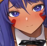  1girl blush bow bowtie closed_mouth dark-skinned_female dark_skin detached_collar facepaint facial_mark fate/grand_order fate_(series) hairband long_hair looking_at_viewer nitocris_(fate) particle_sfs purple_eyes purple_hair sidelocks solo 