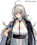  1girl ahoge arms_behind_back artist_name azur_lane breasts cleavage coat coat_on_shoulders cosplay cowboy_shot cross dress evening_gown grey_eyes grey_hair historical_reference_connection kantai_collection long_hair looking_at_viewer name_connection official_alternate_costume one-hour_drawing_challenge rekka_yamato simple_background washington_(azur_lane) washington_(azur_lane)_(cosplay) washington_(jubilant_smile)_(azur_lane) washington_(kancolle) white_background 