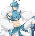  1boy abs altaria antenna_hair beads blue_eyes blue_footwear blue_gloves blue_hair boots closed_mouth earrings fingerless_gloves fold-over_boots frown gloves hair_between_eyes jewelry katagiri_hachigou male_focus pants personification pokemon short_hair simple_background solo v-shaped_eyebrows white_background white_pants 