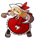  1girl blonde_hair closed_mouth cross-laced_clothes curly_hair dress drill_hair drill_sidelocks elly_(touhou) frilled_dress frills full_body hat hat_ribbon holding holding_scythe long_sleeves looking_at_viewer parody puyopuyo red_dress red_ribbon ribbon scythe shinmon_akika short_hair sidelocks simple_background smile solo style_parody tongue tongue_out touhou touhou_(pc-98) white_background white_headwear 
