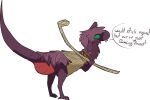  club_(weapon) dialogue dinosaur dragon dragonscape drekir dromaeosaurid female feral hiker_(thepatchedragon) melee_weapon pregnant pregnant_female reptile scalie simple_background solo thepatchedragon theropod tribal tribal_clothing weapon 