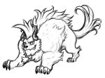  ambiguous_gender beard big_tail claws claws_out dynogreeno facial_hair feral fur hair hi_res horn mammal monochrome monster muscular quadruped solo tail 