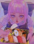  1girl absurdres blunt_bangs chair chopsticks commentary_request food from_above highres holding holding_chopsticks holding_plate indian_style kiirou_(yellowu) open_mouth original overall_shorts overalls pink_hair plate purple_eyes sashimi sidelocks sitting solo sushi 