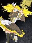  1girl alternate_costume alternate_hairstyle black_thighhighs blonde_hair blue_eyes boots bow dress frilled_dress frills guitar hair_ornament hair_ribbon hairclip headphones highres holding holding_instrument incoming_attack instrument kagamine_rin long_hair no_nose ribbon roshin_yuukai_(vocaloid) saka_(sakadesu0612) solo thighhighs twintails two-tone_dress vocaloid white_bow white_footwear yellow_nails yellow_ribbon zettai_ryouiki 