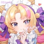  1girl artist_name blonde_hair blush bow bowtie cafe_cuties_gwen closed_mouth commentary_request cone_hair_bun dokumi drill_hair gwen_(league_of_legends) hair_bow hair_bun hand_up heart league_of_legends long_hair long_sleeves maid maid_headdress multicolored_hair official_alternate_costume pink_hair portrait purple_bow purple_bowtie sample_watermark smile solo twin_drills twintails two-tone_hair 