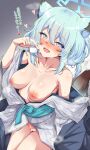  1girl animal_ears bar_censor blue_archive blue_hair blush breasts censored grey_kimono hair_between_eyes halo heart highres japanese_clothes kimono looking_at_viewer machismo_fuji medium_breasts nipples nose_blush off_shoulder open_mouth shigure_(blue_archive) shigure_(hot_spring)_(blue_archive) sitting solo sweat tail translation_request weasel_ears weasel_girl weasel_tail yukata 
