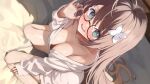  1girl absurdres alternate_hair_length alternate_hairstyle aogiri_koukou aqua_eyes bed blush bottomless breasts brown_hair cleavage collarbone commentary_request from_above glasses hair_ornament hand_up highres jacket kkix25 kurikoma_komaru long_hair long_sleeves looking_at_viewer medium_breasts naked_jacket off_shoulder round_eyewear sitting solo virtual_youtuber wariza wavy_mouth white_jacket 
