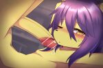  anthro blush blush_lines bodily_fluids canid canine censored censored_genitalia censored_penis erection fur genital_fluids genitals glans hair hane hi_res humanoid_genitalia humanoid_penis itsuki_(hane) kemono looking_at_viewer male mammal one_eye_closed penis precum purple_hair solo yellow_body yellow_fur 