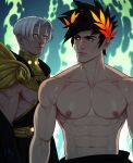  2boys bara black_hair blood fox_bravo greek_clothes green_eyes grey_hair hades_(series) hades_1 heterochromia large_pectorals laurel_crown looking_at_another male_focus multiple_boys muscular muscular_male nosebleed pectorals red_eyes short_hair thanatos_(hades) topless_male yaoi yellow_eyes zagreus_(hades) 