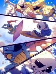  &gt;_&lt; 1other 2boys 3girls alphys bikini black_hair blue_jacket blue_skin blush closed_mouth colored_skin eyepatch fins frisk_(undertale) glasses goat_girl goat_horns head_fins highres hood hood_down hooded_jacket horns jacket korokor59513559 monster_girl multiple_boys multiple_girls one_eye_covered open_mouth papyrus_(undertale) ponytail red_hair reptile_girl sans short_hair skeleton smile surfboard surfing swimsuit toriel undertale undyne water yellow_bikini yellow_skin 