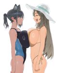 2girls alternate_breast_size animal_ears bikini blue_archive breast_press breasts commentary expressionless extra_ears facing_another from_side grey_hair hat highres huge_breasts large_breasts long_hair looking_at_another multiple_girls nonomi_(blue_archive) nonomi_(swimsuit)_(blue_archive) official_alternate_costume one-piece_swimsuit open_mouth profile shiroko_(blue_archive) shiroko_(swimsuit)_(blue_archive) side-tie_bikini_bottom sideboob simple_background snorkel14 swimsuit symmetrical_docking teeth upper_teeth_only white_background wolf_ears yellow_bikini 