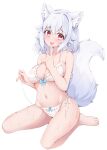  1girl :d animal_ear_fluff animal_ears barefoot bikini breasts commentary_request finger_to_mouth grey_hair hands_up inubashiri_momiji large_breasts looking_at_viewer medium_hair no_headwear open_mouth red_eyes rururiaru side-tie_bikini_bottom simple_background sitting smile solo swimsuit touhou wariza white_background wolf_ears 