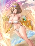  1girl :d absurdres anis_(nikke) anis_(sparkling_summer)_(nikke) bare_shoulders bikini breasts brown_eyes brown_hair can elsynien eyepatch_bikini glint goddess_of_victory:_nikke highres holding holding_can jacket jewelry large_breasts navel off_shoulder open_mouth pendant short_hair smile soda_can solo stomach swimsuit thighs water wet white_bikini yellow_jacket 