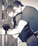  05_(link83601636) 2boys against_fence bara beard beard_stubble blush brown_theme bulletproof_vest chris_redfield closed_eyes dry_humping facial_hair feet_out_of_frame fence from_side gloves highres humping kiss kissing_neck leaning_on_person leon_s._kennedy male_focus mature_male multiple_boys muscular muscular_male mustache_stubble muted_color nipples resident_evil saliva short_hair sideburns tongue torogao yaoi 