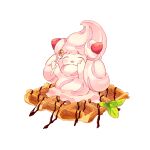  :d absurdres alcremie alcremie_(strawberry_sweet) blush chocolate closed_eyes commentary_request food fork fruit highres holding holding_fork leaf no_humans open_mouth pokemon pokemon_(creature) smile solo strawberry tama_sakura waffle white_background 