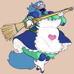  anthro apron belly big_breasts blue_hair breasts broom cleaning_tool cleavage clothed clothing female gloves green_body gun hair handwear huge_hips huge_thighs jinti_(artist) long_gun machine maid_uniform overweight overweight_female ranged_weapon rifle robot slightly_chubby small_feet solo thick_thighs uniform visor weapon wide_hips 