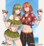  2girls bare_shoulders bikini black_pants cm_lynarc commentary commission cowboy_shot cup detached_sleeves fire_emblem fire_emblem:_shadow_dragon_and_the_blade_of_light flower green_bikini green_eyes green_hair green_skirt grin hair_flower hair_ornament highres holding holding_cup long_hair looking_at_viewer midriff minerva_(fire_emblem) miniskirt multiple_girls navel palla_(fire_emblem) pants pink_flower red_eyes red_hair red_shirt shirt short_sleeves skirt smile standing stomach swimsuit thighs tied_shirt very_long_hair 