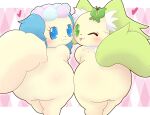  &lt;3 absurd_res accessory anthro blue_body blue_eyes blue_fur bluehiyokobunny blush butt butt_focus canid canine canis domestic_dog duo female fur green_body green_eyes green_fur hair_accessory hairclip hi_res jewelpet looking_at_viewer looking_back looking_back_at_viewer mammal one_eye_closed pattern_background peridot_(jewelpet) raised_tail sanrio sapphie simple_background tail tan_body tan_fur tongue tongue_out wink 