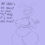  animatronic anthro avian bib big_breasts bird breasts chicken dialogue drunk eyelashes female five_nights_at_freddy&#039;s five_nights_at_freddy&#039;s_2 galliform gallus_(genus) gesture head_feathers head_tuft hi_res huge_breasts looking_at_viewer machine open_mouth open_smile overweight overweight_female phasianid pointing purple_background robot rosy_cheeks scottgames sharp_teeth simple_background smile solo substance_intoxication talking_to_viewer teeth text thick_thighs toy_chica_(fnaf) tuft under_boob wide_hips yummercummer 