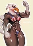  accipitrid accipitriform american_flag_bikini anthro avian bald_eagle beak bird blue_eyes breasts brown_body brown_feathers eagle feathers female flexing hi_res johnfoxart looking_at_viewer muscular muscular_anthro muscular_female sea_eagle solo standing stars_and_stripes thick_thighs united_states_of_america 