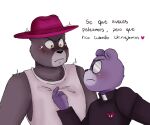  2023 anthro bear black_nose blush clothing dialogue duo eyewear glasses hat headgear headwear hi_res male mammal padre_(unicorn_wars) purple_body sargento_caricias shirt simple_background spanish_text text topwear unicorn_wars white_background zadscat 