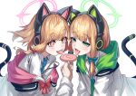  1boy 2girls :p absurdres animal_ear_headphones animal_ears blonde_hair blue_archive blue_bow blue_necktie bow candy cat_ear_headphones fake_animal_ears food green_eyes green_halo hair_bow halo headphones highres jacket kasgero lollipop long_sleeves looking_at_viewer midori_(blue_archive) momoi_(blue_archive) multiple_girls necktie pink_halo red_bow red_eyes red_halo sensei_(blue_archive) short_hair siblings simple_background sisters sparkling_eyes tongue tongue_out twins upper_body white_background white_jacket 