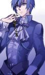  1boy androgynous ascot blue_eyes blue_gemstone blue_hair blue_jacket blue_nails brooch chain chain_necklace closed_mouth collared_jacket evillious_nendaiki frilled_cuffs gem gold_chain grim_the_end heart heart_brooch high_collar highres holding holding_key jacket jewelry kaito_(vocaloid) karchess_crim key long_eyelashes looking_down nagori_(uusdvedp) narrow_waist necklace pale_skin short_hair skinny venomania_kou_no_kyouki_(vocaloid) vessel_of_sin vocaloid 