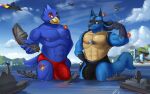  2023 aircraft airplane anthro avian bigdarkfluff bird blue_body blue_fur bulge canid canine city clothing detailed_bulge duo falco_lombardi fur generation_4_pokemon genital_outline green_eyes hi_res jet lucario macro male mammal muscular muscular_male nintendo pecs pokemon pokemon_(species) red_eyes sea ship speedo spikes spikes_(anatomy) star_fox swimwear vehicle water watercraft 