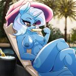  1:1 anthro anthrofied bedroom_eyes bikini bikini_bottom breasts clothed clothing crossed_legs equid equine eyewear female food food_fetish friendship_is_magic hasbro hi_res horn kennzeichen mammal my_little_pony narrowed_eyes nipples popsicle seductive solo suggestive suggestive_food sunglasses swimwear topless trixie_(mlp) unicorn 