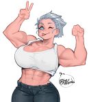  1girl abs blue_eyes breasts cleavage clenched_hands dabomdidangdigi denim english_commentary highres jeans large_breasts midriff muscular muscular_female one_eye_closed original pants scar scar_on_face short_hair signature solo tank_top tongue tongue_out v white_background white_hair 
