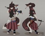  ambiguous_gender anthro canid canine clothing female fox gun hi_res mammal orang111 ranged_weapon red_eyes rifle rifle_sling rumi_(woolgather) simple_background solo weapon 