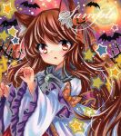  1girl animal_ear_fluff animal_ears bat_(animal) blush brooch brown_hair dress frilled_dress frills full_moon hair_ornament hair_ribbon halloween hands_up imaizumi_kagerou jack-o&#039;-lantern jack-o&#039;-lantern_hair_ornament jewelry long_hair long_sleeves looking_at_viewer marker_(medium) moon orange_ribbon parted_lips red_eyes ribbon rui_(sugar3) sample_watermark solo star_(symbol) touhou traditional_media upper_body watermark white_dress wide_sleeves wolf_ears 