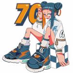  1girl aqua_shorts bandaid bandaid_on_cheek bandaid_on_face bandaid_on_leg bandaid_on_nose blue_footwear blue_hair blush colored_inner_hair dark_blue_hair double_bun hair_bun hand_up highres jacket knees_up lightning_bolt_symbol long_sleeves looking_at_viewer multicolored_hair nao97122 open_mouth orange_hair original print_jacket purple_eyes revision ringed_eyes shoes shorts sidelocks simple_background sitting sneakers socks solo striped striped_jacket two-tone_hair vertical-striped_jacket vertical_stripes white_background white_jacket white_socks zipper zipper_pull_tab 