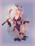  1girl arknights bare_shoulders breasts cleavage colored_skin covered_navel cropped_legs earrings groin hand_fan highres holding holding_fan horns jewelry long_hair nian_(arknights) one-piece_swimsuit pointy_ears ponytail purple_eyes purple_one-piece_swimsuit red_skin smile solo swimsuit tail white_hair yuchian 