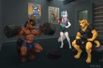  5_fingers anthro arthien ball barbell basketball_(ball) beard bench black_clothing black_hair black_nose black_tail blue_body blue_clothing blue_eyes blue_fur blue_hair body_hair bottle bra breasts brown_body brown_fur bulge canid canine canis chest_hair clothed clothing container detailed_bulge digital_media_(artwork) domestic_dog dumbbell equid equine exercise facial_hair facial_markings fangs female fingers fur furniture golden_wing green_clothing green_eyes grey_body grey_fur group gym hair head_markings head_tuft hi_res hooves horse looking_at_viewer male mammal markings marvin_(marvin) muscular nipples open_mouth portrait_(object) poster shirt simple_background solo_focus sport sports_bra sports_panties sportswear spots spotted_body spotted_fur t-shirt tail teeth tega_(tgt1512) tgt1512 topwear towel towel_around_neck trio tuft underwear weights white_body white_fur wolf yellow_body yellow_fur 