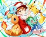  1boy blue_eyes blue_pants bright_pupils brown_eyes brown_hair bulbasaur charmander claws fangs hair_between_eyes hat holding holding_poke_ball jacket male_child male_focus multicolored_background mushuu open_mouth pants pikachu poke_ball poke_ball_(basic) pokemon pokemon_(creature) pokemon_(game) pokemon_rgby purple_eyes red_(pokemon) red_eyes red_footwear red_headwear red_jacket shirt short_sleeves sitting sleeveless sleeveless_jacket squirtle white_pupils white_shirt 