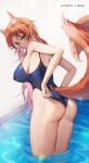  1girl adjusting_clothes adjusting_swimsuit animal_ears ass blush breasts english_commentary extra_ears fox_ears fox_tail green_eyes highres large_breasts liremi long_hair looking_at_viewer multiple_tails one-piece_swimsuit orange_hair original solo standing swimsuit tail water wet 