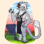  1:1 2023 4_ears 4_horns 4_toes 5_fingers anthro apron apron_only arm_tuft biped black_apron black_pawpads blue_eyes brown_horn charr claws clothing countershade_fur countershade_torso countershading dewclaw digital_media_(artwork) digitigrade ear_piercing ear_ring elbow_tuft facial_piercing facial_scar feet felid finger_claws fingers full-length_portrait fur grey_body grey_fur grill guild_wars hair hand_on_hip hand_on_own_hip hi_res horn looking_at_viewer male mammal multi_ear multi_horn nose_piercing nose_ring outside pawpads paws piercing pink_nose portrait ring_piercing scar solo tail tail_tuft toe_claws toes tuft vateo white_body white_fur white_hair 