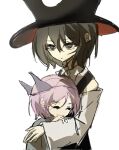  2others androgynous black_eyes black_hair closed_eyes coat detached_sleeves enraku_tsubakura hat highres hug large_hat len&#039;en multiple_others pink_hair shion_(len&#039;en) short_hair sleeveless sleeveless_coat top_hat triangular_headpiece white_sleeves wickleline wide_sleeves 