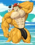  &lt;3 2023 abs anatake anthro barazoku biceps big_bulge biped bowser bulge clothed clothing cloud day dialogue digital_media_(artwork) english_text genital_outline hair hi_res horn koopa looking_at_viewer male mario_bros muscular muscular_anthro muscular_male muscular_thighs navel nintendo nipples one_eye_closed outside partially_submerged pecs penis_outline quads red_hair scalie shell sky smile solo speech_bubble speedo speedo_only spiked_shell spiked_tail spikes spikes_(anatomy) standing swimwear tail talking_to_viewer tan_body text thick_thighs topless wet wink yellow_body 