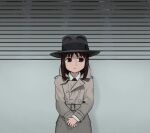  1girl averting_eyes azumanga_daioh belt belt_buckle black_headwear black_necktie brown_belt brown_coat brown_eyes brown_hair buckle buttons closed_mouth coat commentary cowboy_shot double-breasted english_commentary expressionless fedora french_commentary hat height_mark kasuga_ayumu medium_hair mixed-language_commentary monky_sm necktie own_hands_together shirt solo standing trench_coat v_arms white_shirt 