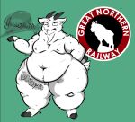  anthro beard belly belly_overhang big_belly bovid burp_cloud burping caprine domestic_goat facial_hair fur goat hooves horn huge_belly huge_thighs humanoid logo male mammal navel obese obese_male overweight overweight_male pennsy rumbling_stomach simple_background solo thick_thighs white_body white_fur wide_hips 