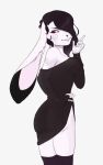  anthro black_clothing black_dress black_hair black_legwear black_stockings breasts cheek_markings clothing dress ear_markings facial_markings female fluffyluvy fur hair hair_over_eye head_markings jade_bunny lagomorph legwear leporid long_ears looking_back mammal markings one_eye_obstructed rabbit red_eyes simple_background solo stockings swirl_pattern valdroxx_studios white_background white_body white_fur 