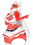  2023 anthro anthrofied big_breasts bottomwear breasts clothed clothing dragon female generation_3_pokemon hi_res latias legendary_pokemon looking_at_viewer nintendo pokemon pokemon_(species) red_body simple_background skirt smile solo togetoge white_background yellow_eyes 